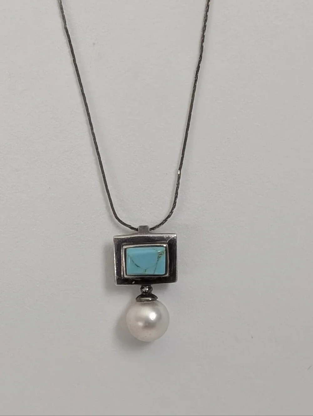 Sterling Turquoise & Pearl Pendant Necklace 925 - Picture 1 of 7